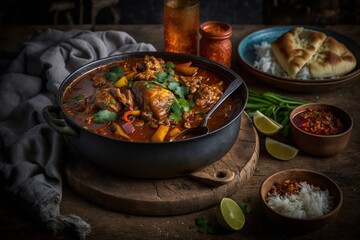  Chicken tikka masala in a clay pot on a dark background