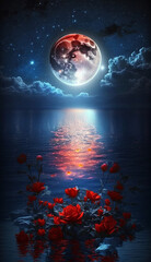 Obraz na płótnie Canvas full moon over a body of water with red roses in the foreground. generative ai.