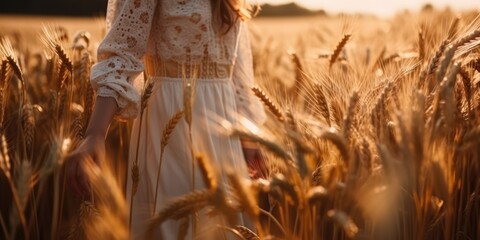 Young woman in a wheat field in the sunset, made with generated ai