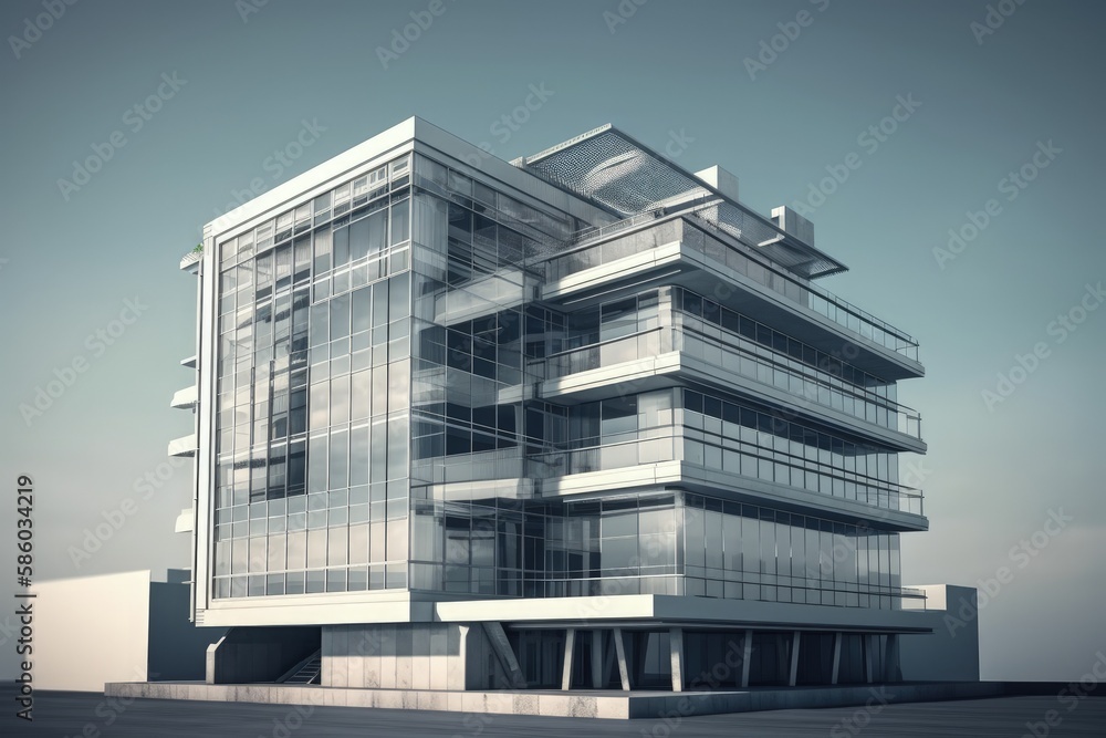 Poster modern skyscraper with a sleek design and numerous windows created with generative ai technology