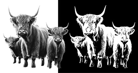 Highland Cow Greyscale and Linear