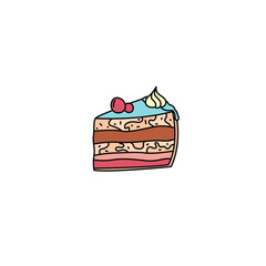 Cake piece doodle. Vector colorful hand drawn food. Kid birthday treat cut cake. Scribble outline illustration