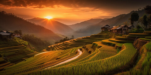 Sunlight at twilight of rice farm landscape. pa bong piang terraced rice fields, mae chaem, chiang mai thailand Generative AI
