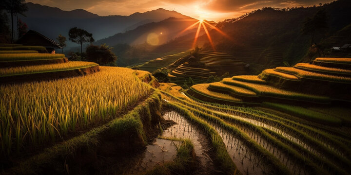 Sunlight at twilight of rice farm landscape. pa bong piang terraced rice fields, mae chaem, chiang mai thailand Generative AI