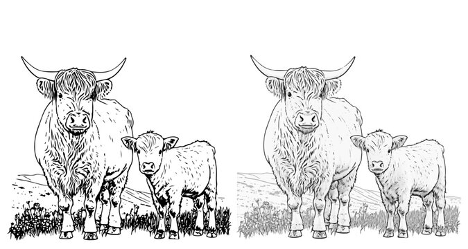 Highland Cow Greyscale and Linear