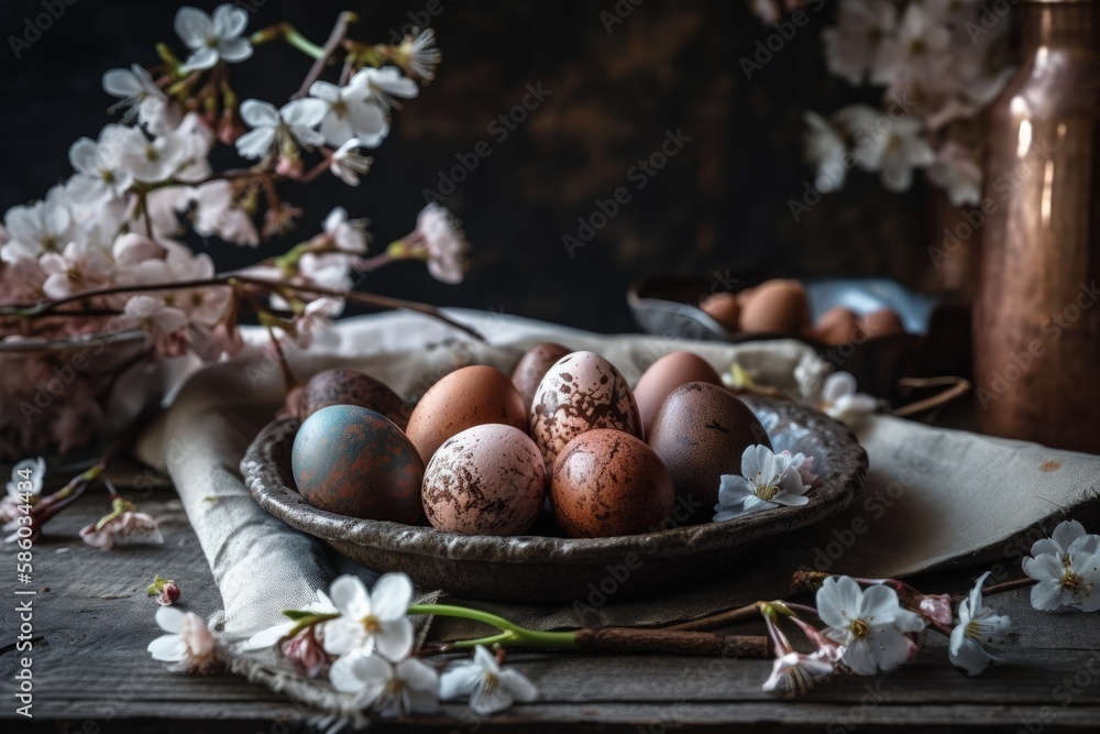 Poster bowl filled with fresh eggs on a wooden table created with generative ai technology