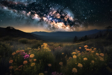 Enchanting Nighttime Vista: Milky Way and Mountain Glow (AI Generated)