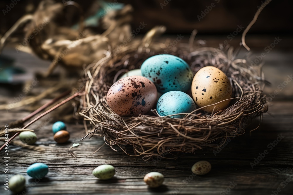 Poster birds nest with eggs on a wooden surface created with generative ai technology