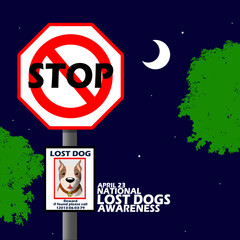 A signboard showing the disappearance of a dog hanging from a sign post during the crescent moon at night with stars, trees and bold text to commemorate National Lost Dogs Awareness Day  April 23