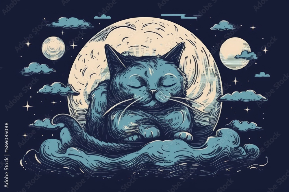 Poster peaceful cat sleeping on a fluffy cloud under the glow of a full moon created with generative ai tec