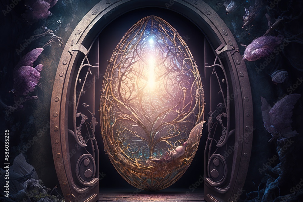 Poster glittering myths given form through a majestic easter egg: open the gateway to adventure! generative