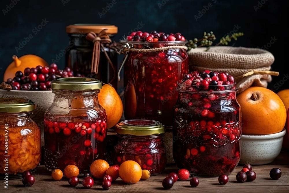 Poster table adorned with various jars filled with colorful fruits and berries created with generative ai t