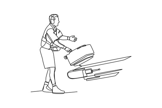 Continuous one-line drawing the baggage handler is taking care of the plane goods. Airport activity concept. Single line drawing design graphic vector illustration