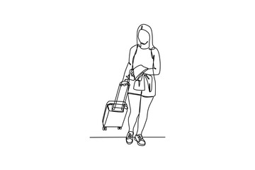 Continuous one-line drawing long hair women walking with suitcases in the airport. Airport activity concept. Single line drawing design graphic vector illustration