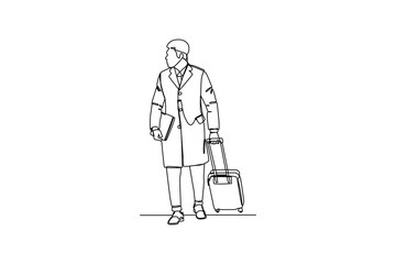 Fototapeta na wymiar Continuous one-line drawing a passenger carrying a suitcase and a book. Airport activity concept. Single line drawing design graphic vector illustration