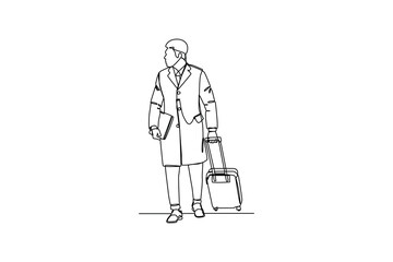 Continuous one-line drawing a passenger carrying a suitcase and a book. Airport activity concept. Single line drawing design graphic vector illustration