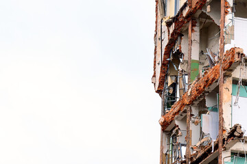 dismantled old building. Half demolished house, dismantling of the old one for the construction of...