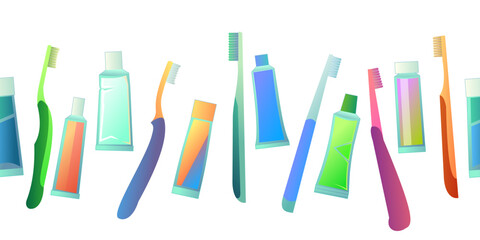 Tubes of toothpaste and toothbrushes seamless horizontal. Cartoon style. Items for dental and oral care. Isolated on white background. Vector.