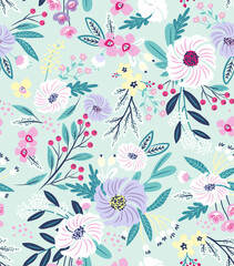 Fototapeta na wymiar Garden flower, plants, botanical, seamless vector design for fashion, fabric, wallpaper and all prints on mint green background color. Cute pattern in a small flower. Small colorful flowers.