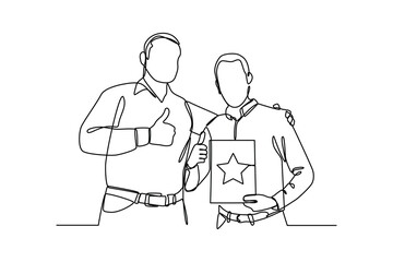 Single one-line drawing employees get appreciation from the boss. Employee appreciation day concept. Continuous line drawing design graphic vector illustration.