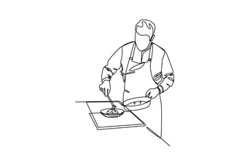 Fototapeta na wymiar Continuous one-line drawing a male chef cooking in the kitchen. Kitchen activity concept. Single line drawing design graphic vector illustration