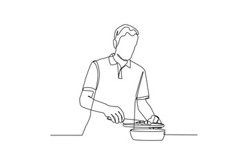 Fototapeta na wymiar Continuous one-line drawing man putting spices into a plate in the kitchen. Kitchen activity concept. Single line drawing design graphic vector illustration