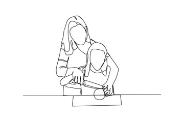 Continuous one-line drawing mother teaches her daughter to cook in the kitchen. Kitchen activity concept. Single line drawing design graphic vector illustration