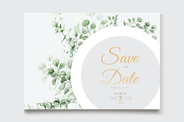 Watercolor vector set wedding invitation card template design with green eucalyptus leaves. 