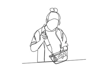 Continuous one-line drawing woman mixing cake dough in the kitchen. Kitchen activity concept. Single line drawing design graphic vector illustration