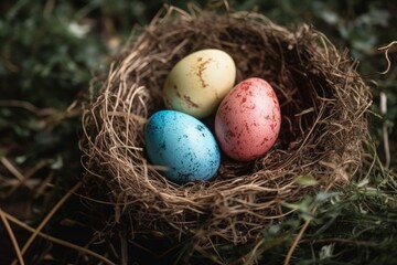 Naklejka na ściany i meble Illustration of three eggs in a nest on the ground created with Generative AI technology