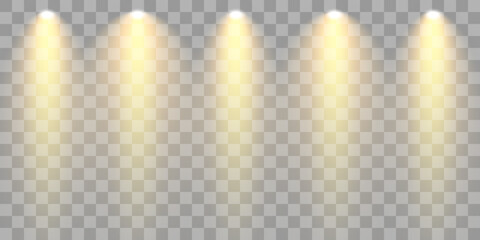 Set of Spotlight isolated on transparent background. Vector glowing light effect with white rays and beams. PNG. Vector illustration