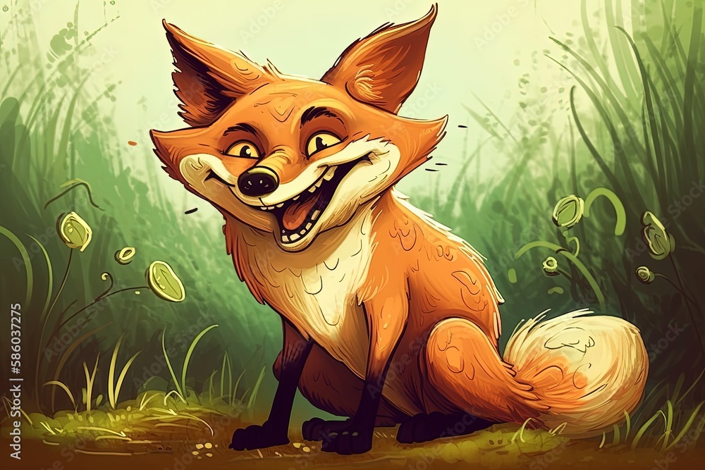 Poster fox sitting in a meadow with its mouth open in a yawn created with generative ai technology