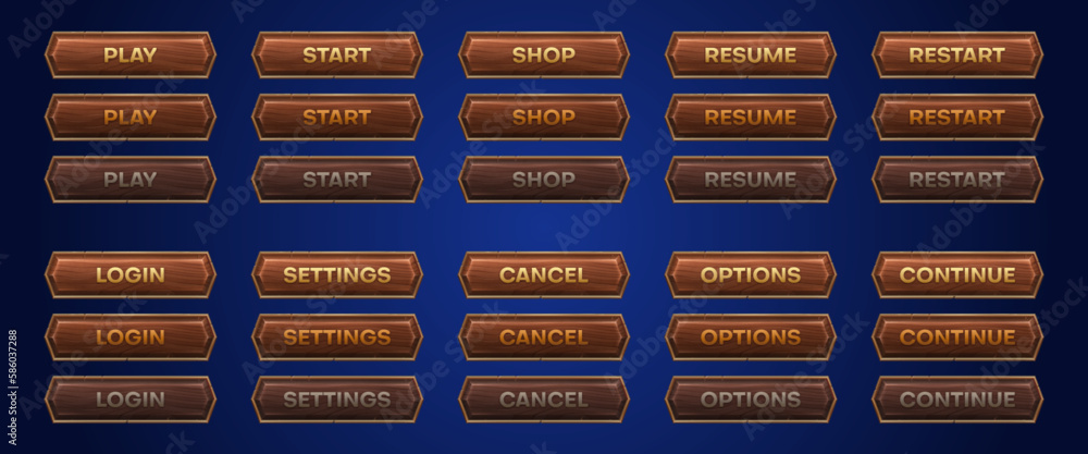 Poster medieval ui game wooden button with metal frame sprite for animation. fantasy rpg title sign design 