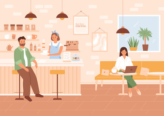 Inside coffee house. Guy sitting at the bar, barista carrying coffee, girl sitting with cappuccino and working on laptop in cozy cafe. Coffeeshop interior, vector illustration.