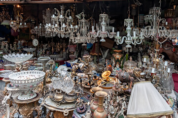 Flea market of antiques old retro vintage things loose in Tbilisi, Georgia