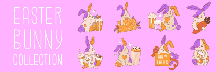 Set with Cute Easter bunny. Festive sweets, cake, egg. Illustration for the decoration of the spring holiday Easter. Religious symbol of the rebirth of life after death. Vector illustration.