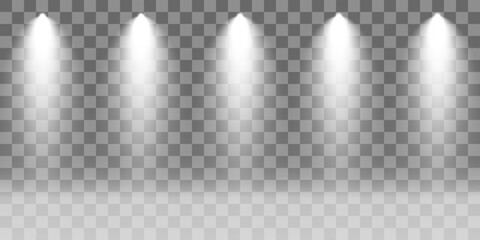 Set of Spotlight isolated on transparent background. Vector glowing light effect with white rays and beams. PNG. Vector illustration