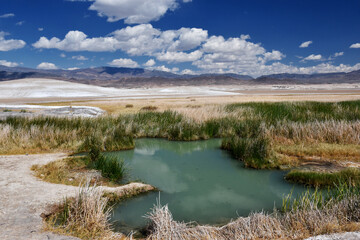 Tecopa Hot Springs in southern California on a sunny day, near the Mojave desert south of Death Valley. Cloudy blue sky © Magdalena