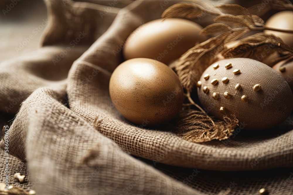 Poster rustic basket filled with fresh brown eggs on a wooden table created with generative ai technology