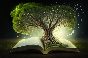 open magic book with a big tree, sustainable development, internet and communication technology, by generative AI. 