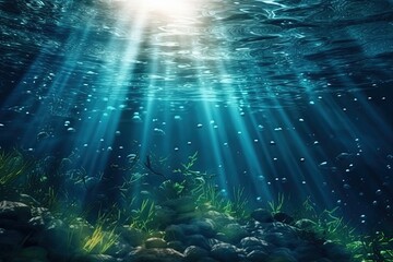 Fototapeta na wymiar Illustration of sunlight shining through the clear blue water in an underwater scene created with Generative AI technology