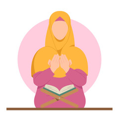 Women with hijab reading quran. Happy Eid Mubarak and Ramadan