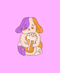 Cute Easter bunny with glazed cake. Illustration for the decoration of the spring holiday Easter. Religious symbol of the rebirth of life after death. The elements are isolated. Vector illustration.