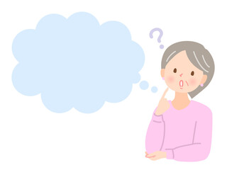 疑問を抱くシニア女性と吹き出し