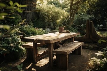 Fototapeta na wymiar Rustic Wooden Table and Bench Set in a Beautiful Garden Setting created with Generative AI technology