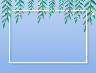Green leaves has the leafs and branch on light blue background with space for greeting cards, blogs, posters, wedding invitations and the other. Concept natural foliage in forest