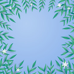 Green leaves has the leafs and branch on light blue background with space for greeting cards, blogs, posters, wedding invitations and the other. Concept natural foliage in forest