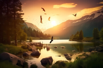 Picturesque landscape with a lake and birds flying over it, and sunset bids farewell to the day.
