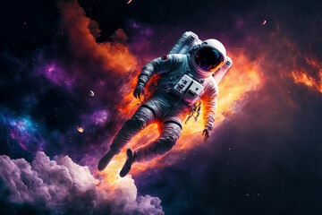 Fototapeta na wymiar An astronaut in spacesuit floating in colorful, neon galaxy with clouds and nebula