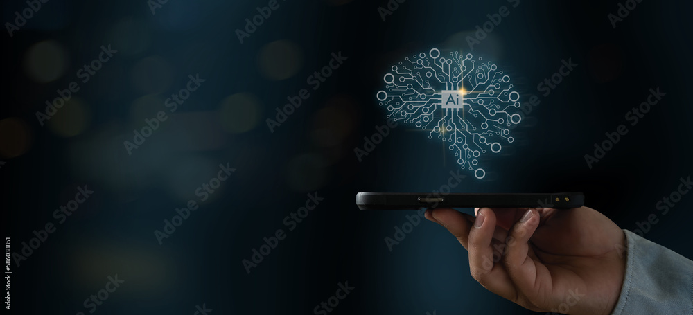Poster artificial intelligence (ai) businessman hand working computer big data network connection internet 